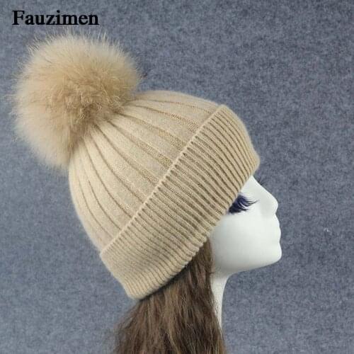 Women Hat Warm Fleece Inside Beanie Winter Hats For Women Girls Real Fur Pompom Hat Female Twist Knitted Cap Skullies