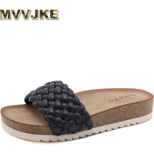 MVVJKEWoven Wood Cut Bottom Flat Women Slippers2021Summer Platform Sandals Comfortable Breathable Non-slip Home Beach WomenSlide