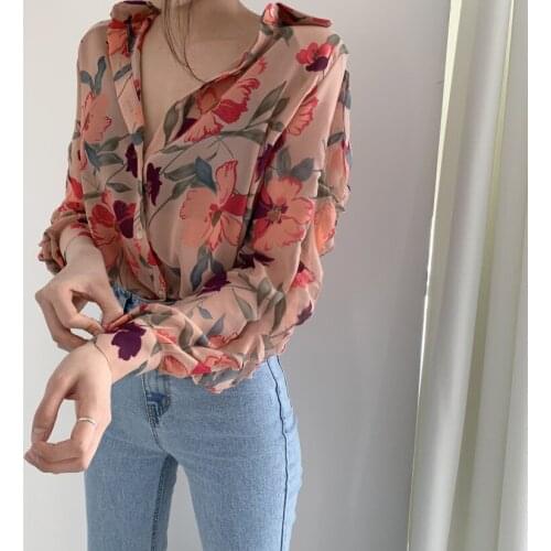 Womens autumn print chiffon shirts single breasted long sleeved turn down collar elegant tops ladies Korean style clothes
