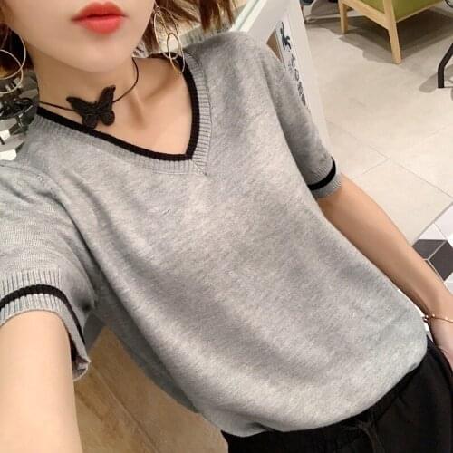 Womens V Neck Short Solid Color Loose Bottoming Sweater 2021 Spring Summer New Pullover Short-sleeved Female Elegant T-shirts