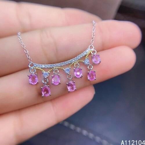 KJJEAXCMY fine jewelry 925 Silver inlaid Natural pink sapphire women exquisite elegant gem necklace pendant chain support detect