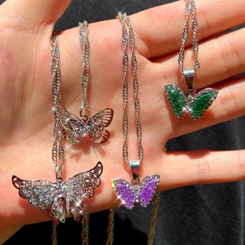 Flatfoosie Trendy New Shiny Crystal Butterfly Pendant Necklace for Women Silver Color Hollow Butterfly Necklace Jewelry Gift