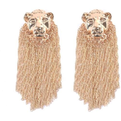 2021 ZA Fashion Gold Lion Head Tassel Drop Earrings Women Punk Hip Hop Long Metal Chain Fringe Hanging Earring Woman Jewelry