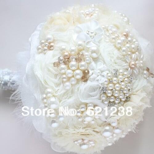 EMS free shipping,Handmade cloth elegant champagne bridal bouquet, wedding floral customization, bridesmaid flowers