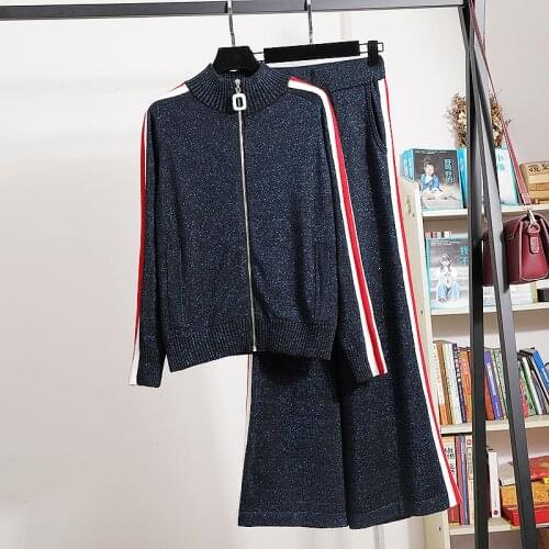 Spring Autumn womens sport suit High quality knitted coat + wide-leg pants 2 piece set B982
