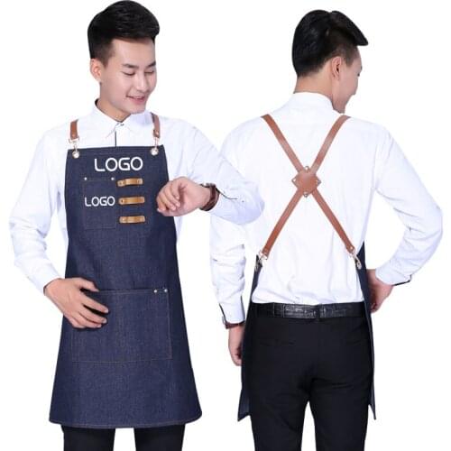 Korean fashion mens denim apron custom logo kitchen apron