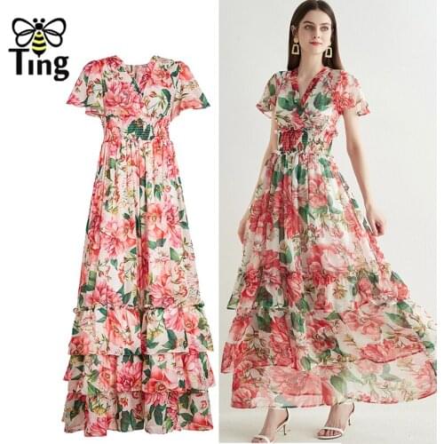Tingfly Runway Floral Printing Summer Cascading Ruffles Layered Maxi Long Party Dresses Luxury Chiffon Dress Summer Elbise Robes