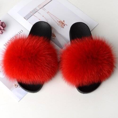 Fur Slippers Womens Real Fox Fur Slides Furry Flat Sandals Female Cute Fluffy Shoes Ladies solid color raccoon fur Flip Flops