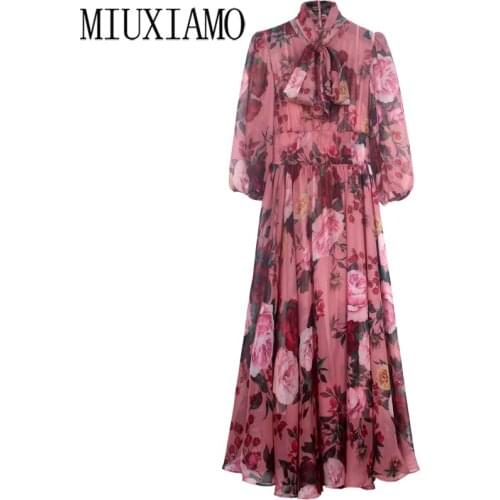 MIUXIMAO Fashion Designer Runway dress Spring Summer Women Dress Bow collar Rose Floral-Print Elegant Chiffon Dresses Vestidos