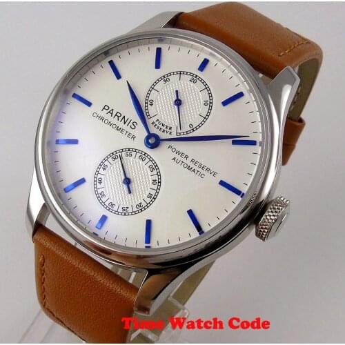 43mm PARNIS Automatic Mens Wristwatch White dial blue marks Power reserve ST2542 Brown leather strap polished bezel
