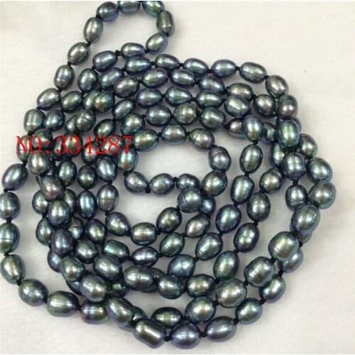 Natural Freshwater Pearl Black Peacock Green Rice Necklace 7-8MM long 50inch