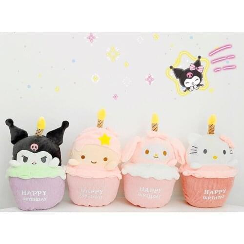 Hello Kitty Cute Candles Will Glow Birthday Cake Shape Plush Doll Music Anime Kawaii KT Cat Gift My Melody Kuromi Purin Toy