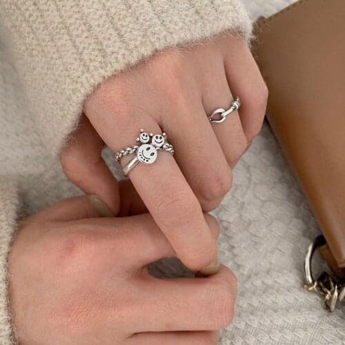 Origin Summer Unique Design Smile Face Chain Cross Ring for Women Unique Design Silver Color Open Adjustable Ring Jewelry Gifts