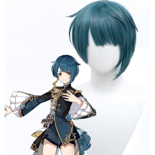Synthetic Wig Xingqiu Cosplay Short Bob Hair with Bangs earring Genshin impact Dark blue Party Women mens Wigs Hair Extensions
