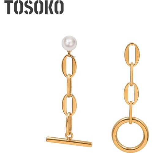 TOSOKO Stainless Steel Jewelry Ring Chain Splicing Chain Womens Personality Asymmetric Earrings BSF467