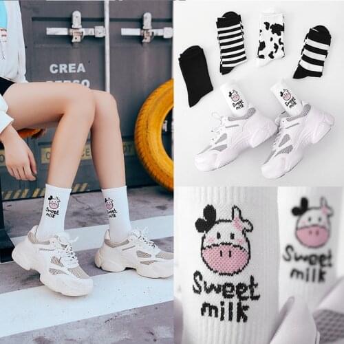 Cartoon socks strawberry milk cow cute kawaii calcetines woman mujer kobieta skarpety women funny striped animal print sock meia