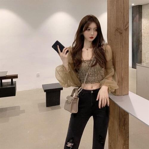 Shirt Womens Autumn Design Sense Niche Long Sleeve Short Square Collar Top Puff Sleeve Retro French off-Shoulder Shirt