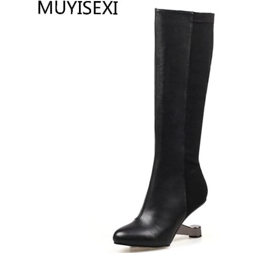 Women Knee High Boots Black 9 cm Metal High Heel Winter Warm High Boot Elastic Fabric Shoes Woman Boots HL117 MUYISEXI