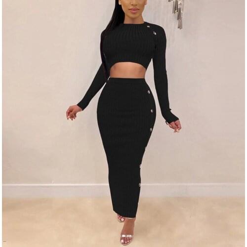 Long Skirts Sets Women Fashion 2Pcs Sexy Women Solid Color Long Sleeve Short Crop Top Sweater Button Knit Skirt Dress Sets