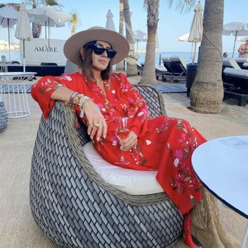 2021 Fall Womens Retro Red Printed Shirt Long Dress Casual Womens Bohemian Lace-up Beach Skirt Fashion Loose Belted Dress New