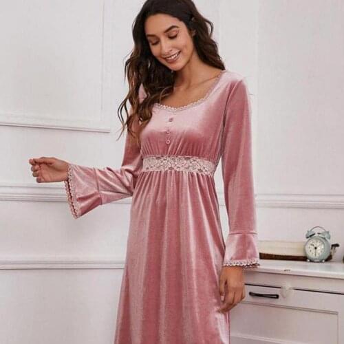 Women Autumn Winter New Velour Long Sleeve Retro Dress Elegant Lace Nightgown Palace Style Sleepdress Home Clothes Lady Negligee