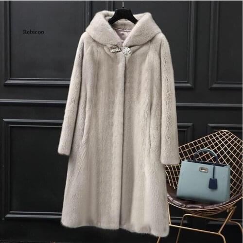 Winter Fur Warm hooded Large size Medium length Solid color Fur & Faux Fur Women New Casual Long sleeve Women Fur coat