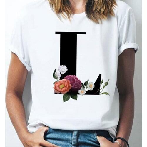 26 Alphabet letter Women T-shirt Girl A To Z Alphabet Combination Flowers Short Sleeve Casual T-shirt Korean Style Tee Drop Ship