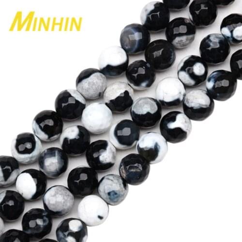 MINHIN Natural Stone Faceted Beads for Jewelry Making Black White Stripe Agates Round Loose Beads for DIY Bracelets 8 10MM Size