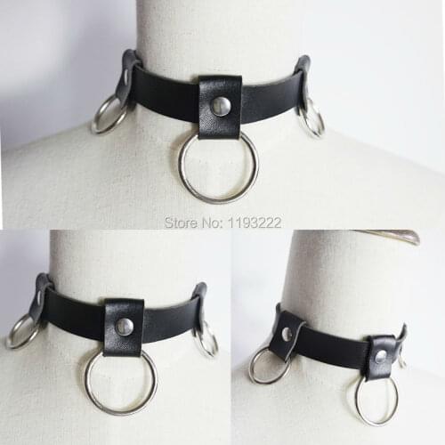 Punk Rock Handmade O Round Pendant Buckle Black Leather Choker Collar Necklace