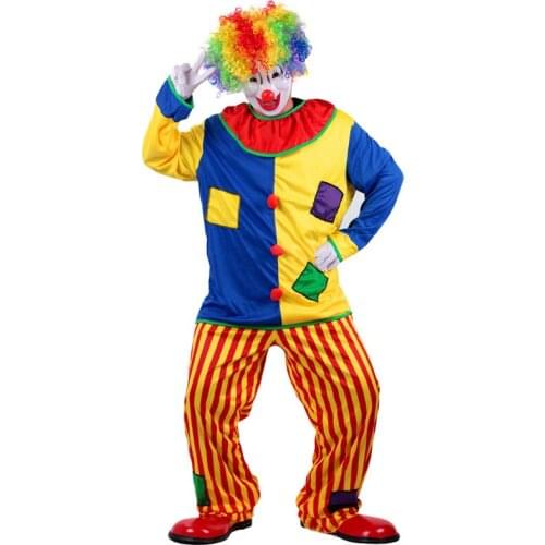 Children Clown Costume Hat Jumpsuit Curl Hair Wig Halloween Holiday Wear Fairground Performance Kaleidoscope Cosplay