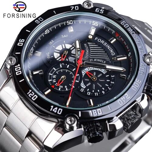 Forsining Date Display Luminous Hands Complete Calendar Mens Automatic Watches Top Brand Luxury Silver Stainless Steel Bracelet