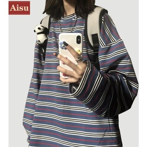 Spring stripe oversized Women T-shirts Tops Long Sleeve Harajuku Female T shirt Fashion loose t-shirt Streetwear Womens Clothing