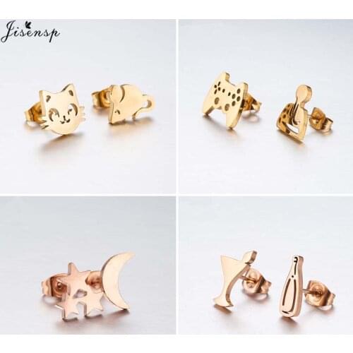Jisensp Fashion Lovely Cat and Mouse Earrings Stainless Steel Jewelry for Women Vintage Star and Moon Stud Earrings Best Gift