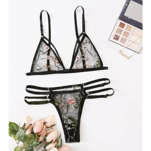 Sexy Women Lace Flower Embroidery Lingerie Set Exotic G-string Thong Bra Lingerie Pajamas Underwear Set Lenceria Sensual Mujer