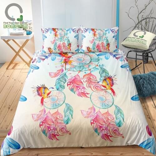 BOMCOM Digital Printing Bedding Set Hand Drawn Watercolor Dream Catcher Birds Colorful Feather Duvet Cover 100% Microfiber