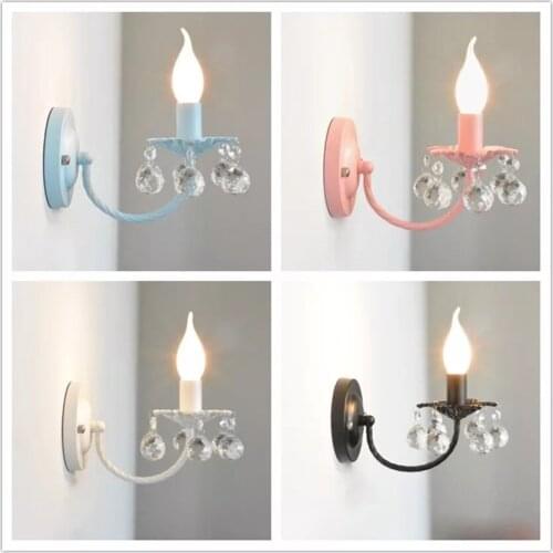 Korean Pastoral Pink Crystal Wall Lamps Princess Room Bedroom Sconces Wall Lights Childrens Room Lamp Nordic Deco Lighting