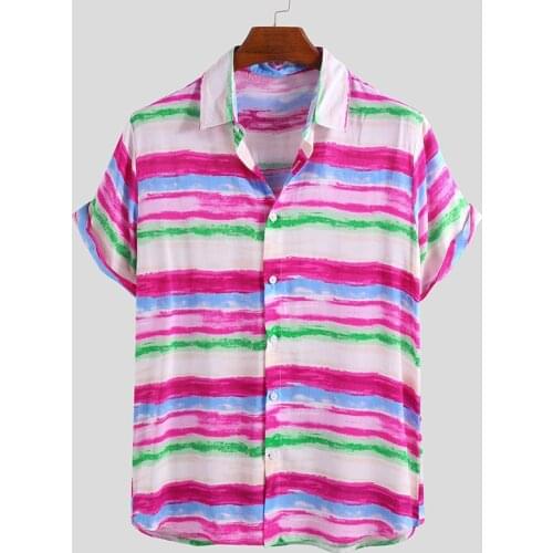 Fashion color printing line loose holiday series Lapel Hawaiian short sleeve casual mens shirt
