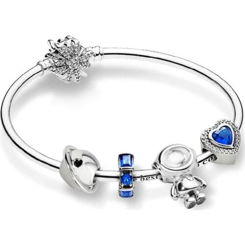 NEW 100% 925 Sterling Silver ZT0213 Blue Star Winter Bracelet Set Planet of Love Charm Astronaut Night Blue Love Heart Charm