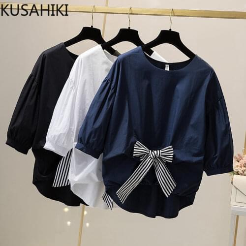 KUSAHIKI 2021 Summer New Women Doll Shirt Irregular Patchwork Stripe Bowknot Blouse Causal Puff Sleeve Korean Tops Mujer 6H372