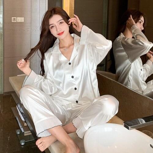 2021 Spring Summer Long Sleeve Silk Satin Pajama Sets for Women Print Sleepwear Suit Pyjamas Homewear Pijama Mujer Home Clothes