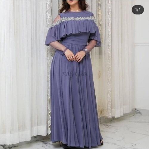 Dusty Blue Evening Dress Cape Sleeve Ruched Pleated Floor Length Silver Appliques Chiffon A Line Party Gowns for Women Arabic