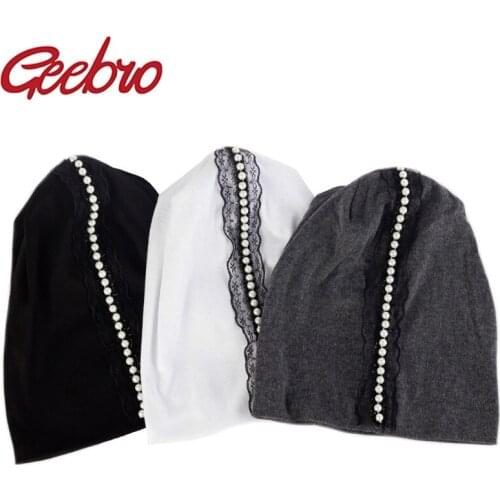 Geebro Women Pearl Ribbon slouch beanies hats spring autumn cotton hats 2021 New ladies Girls Oversize Baggy Hats and caps