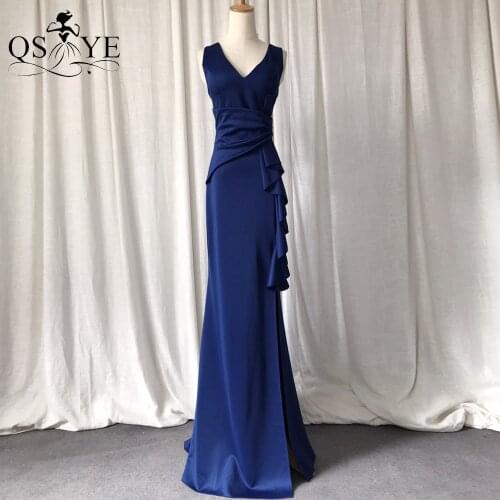 Navy Long Prom Dresses Stretch Ruffles Evening Dress V Neck Formal Party Gown Deep Blue Split Bridesmaid Dress Ruched Prom Gown
