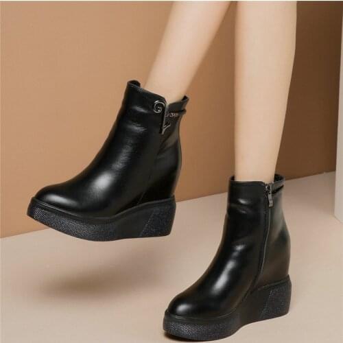 Platform Pumps Shoes Women Genuine Leather Wedges High Heel Ankle Boots Female High Top Round Toe Fashion Sneakers Casual Shoes