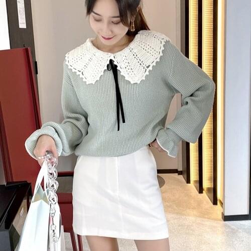 Simple college style doll collar fashion bow tie long-sleeved versatile knitted top 2021 spring and autumn new