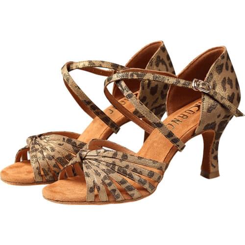 USHINE New professional leopard glitter satin soft bottom indoor teacher shoes Latin ballroom dance shoes adult ladies