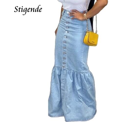 Stigende Casual High Waist Long Denim Skirt Women Elegant Front Button Maxi Jean Skirt Fashion Ladies Light Blue Ruched Skirt