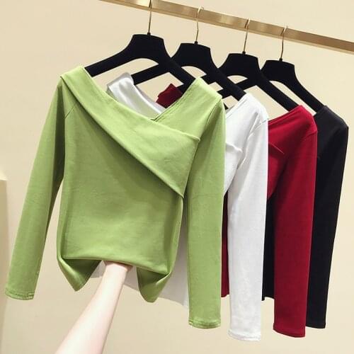 Gkfnmt Long Sleeve T-shirt Cotton Autumn Tops Sexy Off One Shoulder 2020 T Shirt Women White Casual Korean Chic Tee Shirt Femme