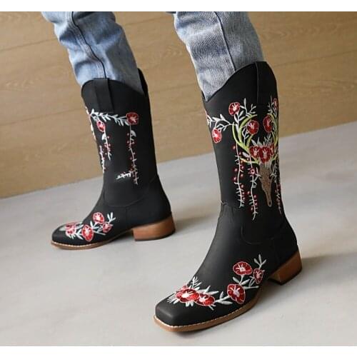 Womens Square Toe Embroidery Floral Mid Calf Boots Chunky Heel Western Chelsea Shoes Plus Size New 2022