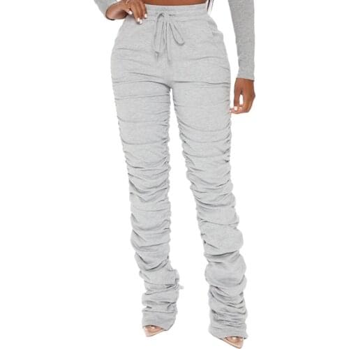Drawstring Casual Extra Long Gray Pants for Women Female Stacked Sweatpants Skinny Flare Pleated Stacked Leggings Trousers